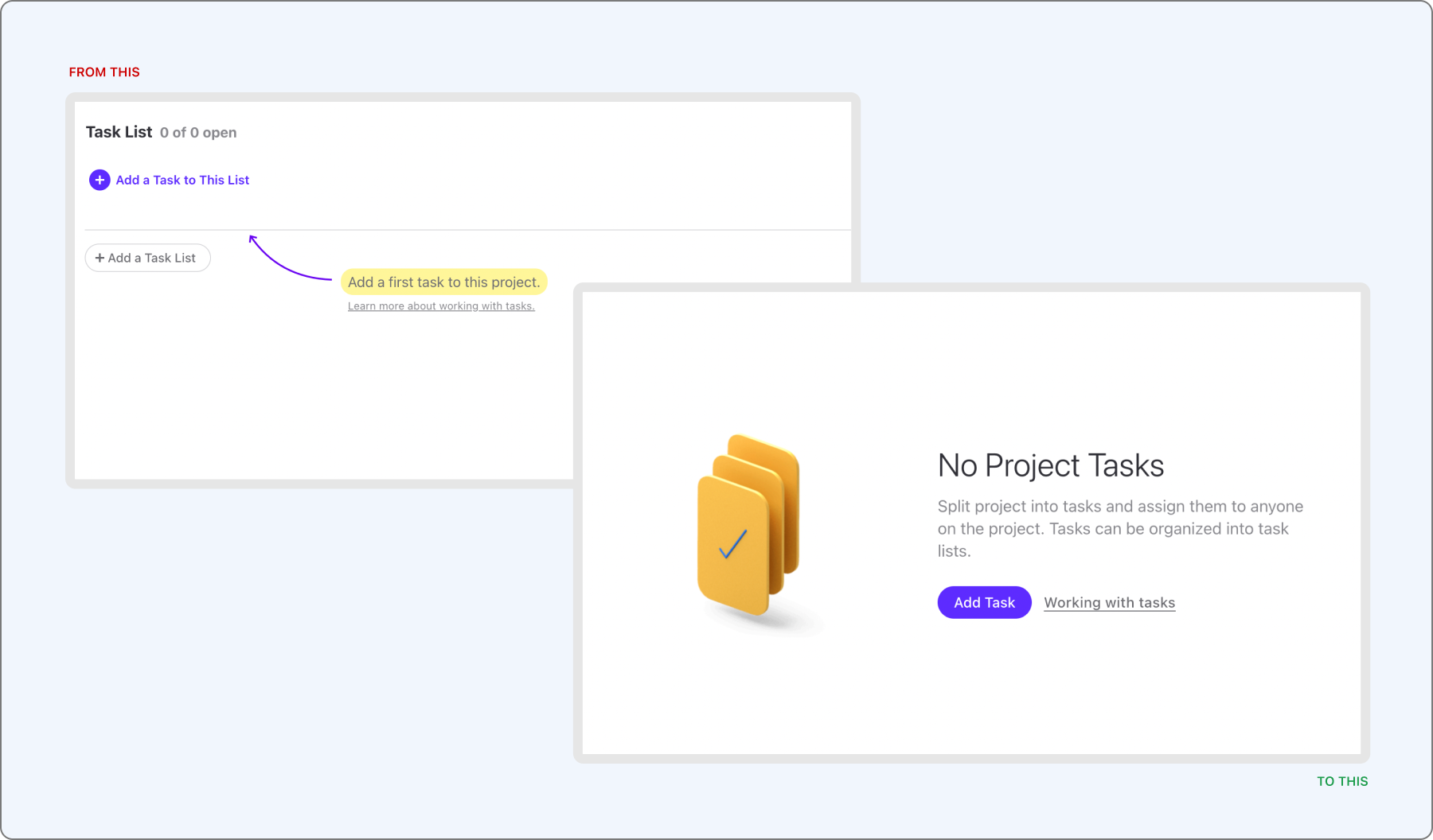 The blank-slate state of the workspace, redesigned as part of the onboarding flow so a new user is routed toward a real first task