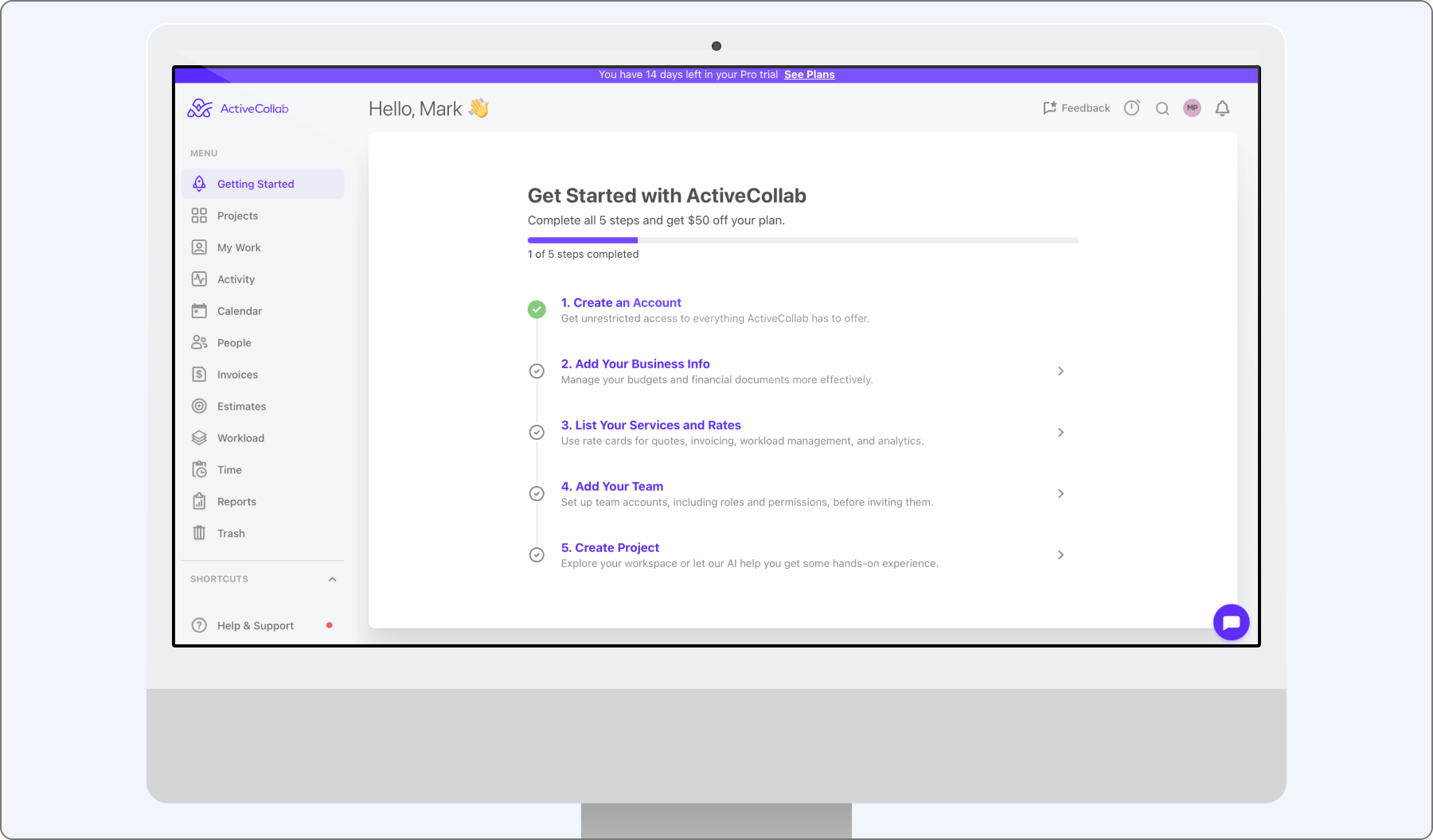 The refreshed onboarding flow, rebuilt to match ActiveCollab's renewed design system