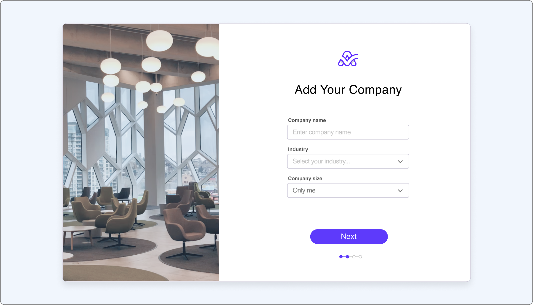 A typical pre-app onboarding step — company profile capture before entering the product