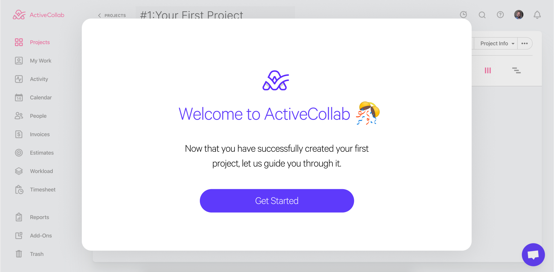 The welcome screen shown to new users at their first contact with the product — a warm, celebratory moment before the real work begins
