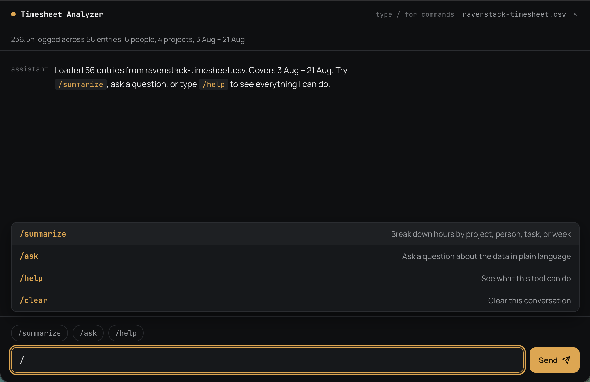 A chat window where users trigger AI actions using slash commands