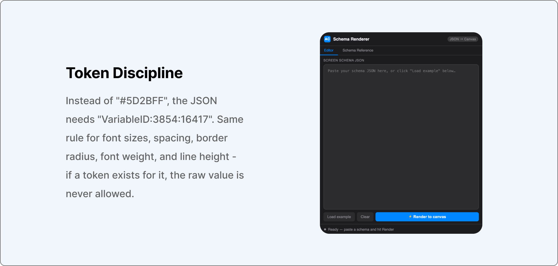 JSON2UI token mapping — variable IDs replace raw values for colors, spacing, and typography